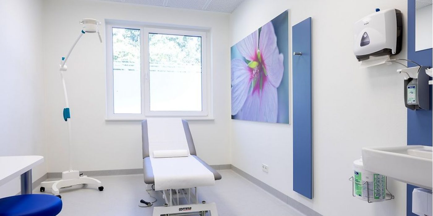 Clean treatment room with examination chair and equipment